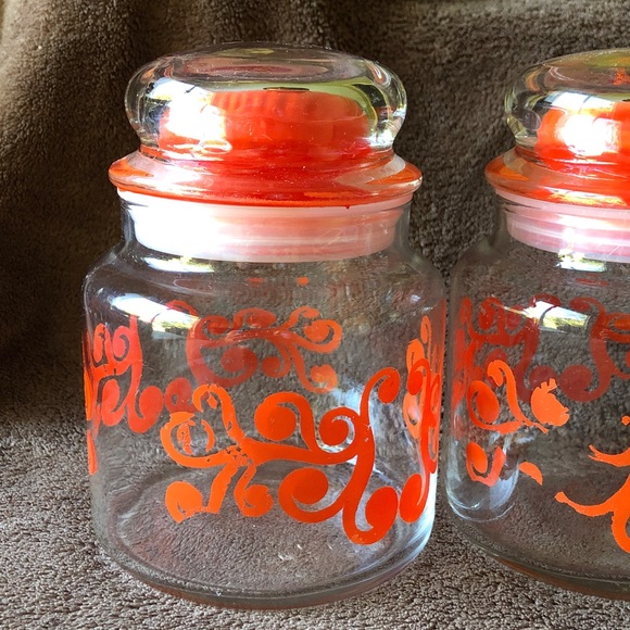 Vintage MoD Glass Jars with Orange Swirl Design set of 2 - Picture 3 of 9